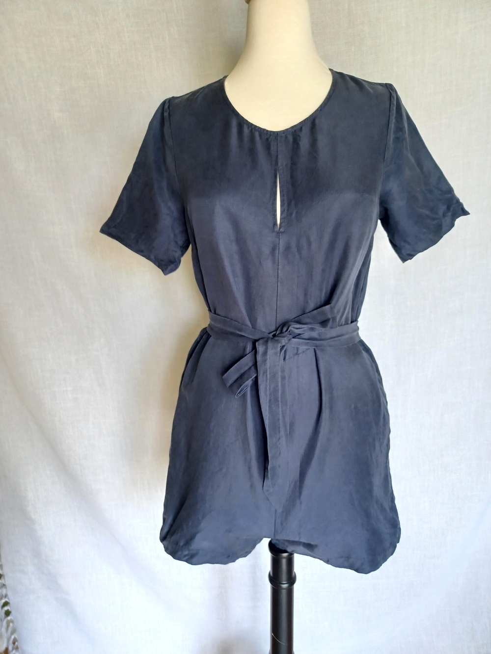 Women's Navy Short-Sleeve Belted Romper